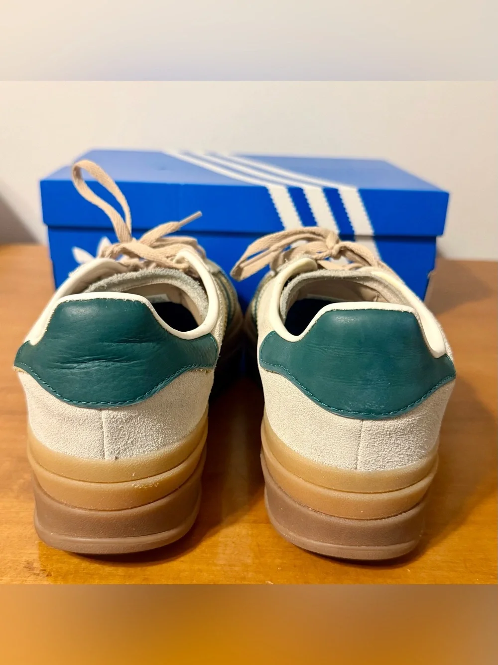 Adidas Women’s Gazelle Bold Beige Suede Samba-Style Sneakers with Green Stripes - Picture 3 of 7